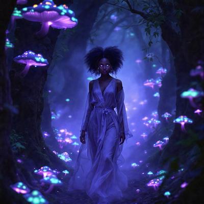 The primary subject of the image is a woman walking through a forest filled with purple mushrooms. The setting is a dark, enchanted forest with a purple glow, creating a mysterious and magical atmosphere. The visual style is a combination of photo and digital art, giving the image a surreal and dreamlike quality. The dominant colors are purple and blue, which contribute to the overall mood of the scene.